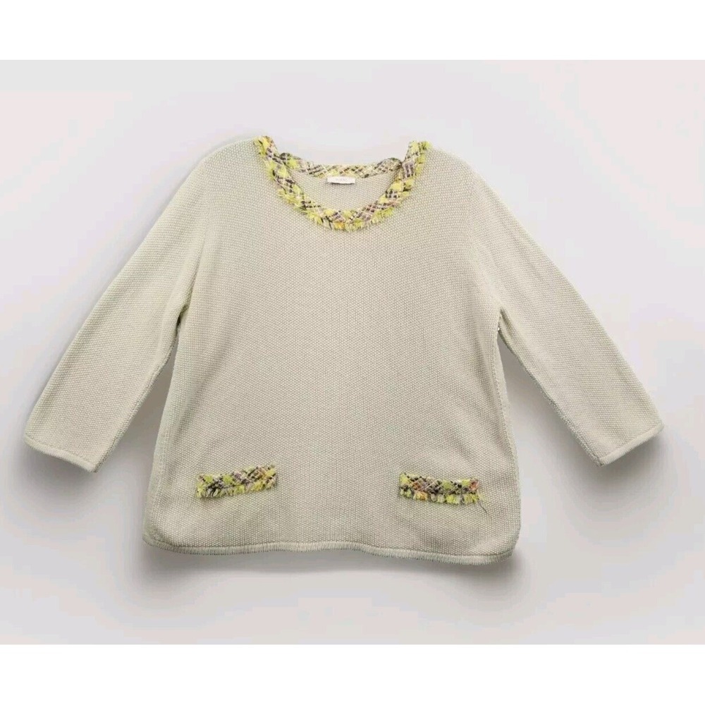 Riani Sweater Women 14 Beige Cotton Blend 3/4 Sleeve Tweed Trim Relaxed Tunic